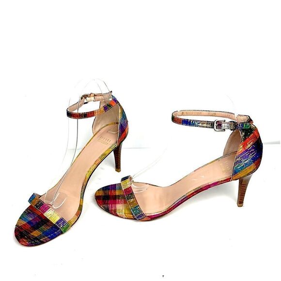 STUART WEITZMAN Metallic Rainbow Plaid Leather Ankle Strap Nunaked Sandals 9,5 - Picture 2 of 15